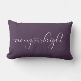 Merry Bright Purple Calligraphy Holiday Christmas Lumbar Cushion