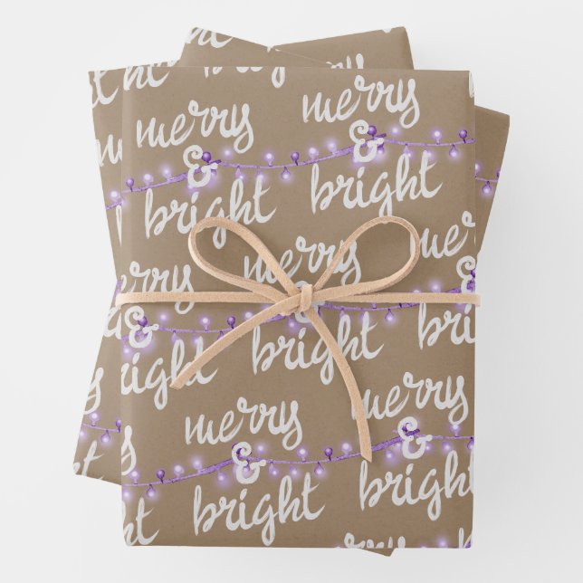 Merry & Bright Purple Christmas Tree Lights Kraft Wrapping Paper Sheet (In situ)