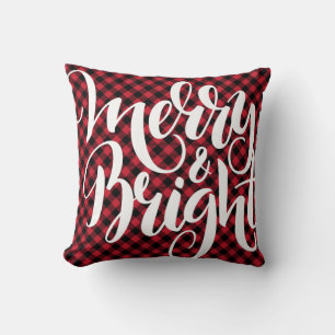 Merry Bright Red Black Buffalo Plaid Tartan Xmas Cushion