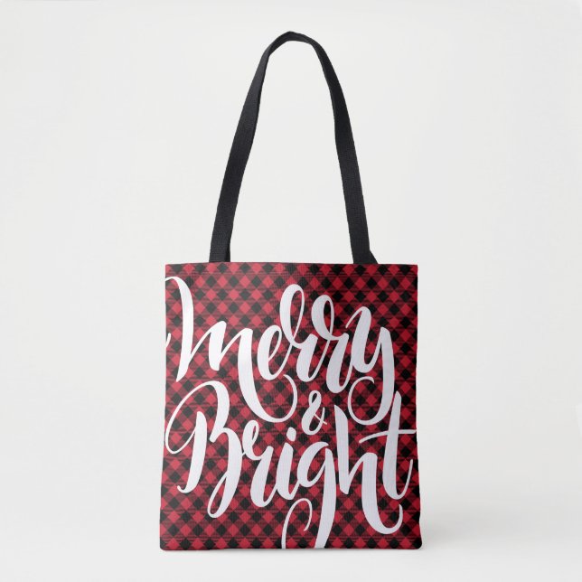 Merry Bright  Red Black Buffalo Plaid Tartan Xmas  Tote Bag (Front)