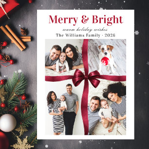 Merry & Bright Red Bow 4 Photo Collage Holiday Card