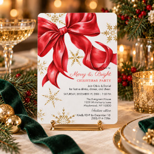 Merry & Bright Red Bow Christmas Party Invitation