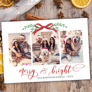 Merry & Bright Red Bow Greenery 3 Photo Christmas Holiday Card