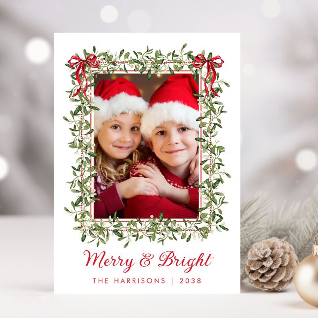 Merry Bright Red Bows Greenery Christmas Photo Holiday Card (Share the love and warmth of the holiday season with this personalized photo Christmas card)