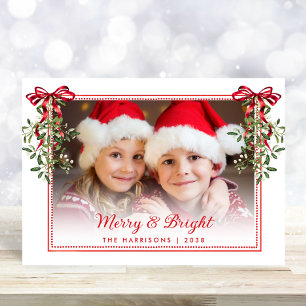 Merry Bright Red Bows Greenery Photo Christmas Holiday Card