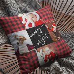 Merry & Bright Red Buffalo Plaid Christmas Photo Cushion<br><div class="desc">Modern script Merry & Bright red buffalo plaid Christmas photo pillow with space for 4 photos and your family name surrounded by a fun quilt pattern grid.</div>