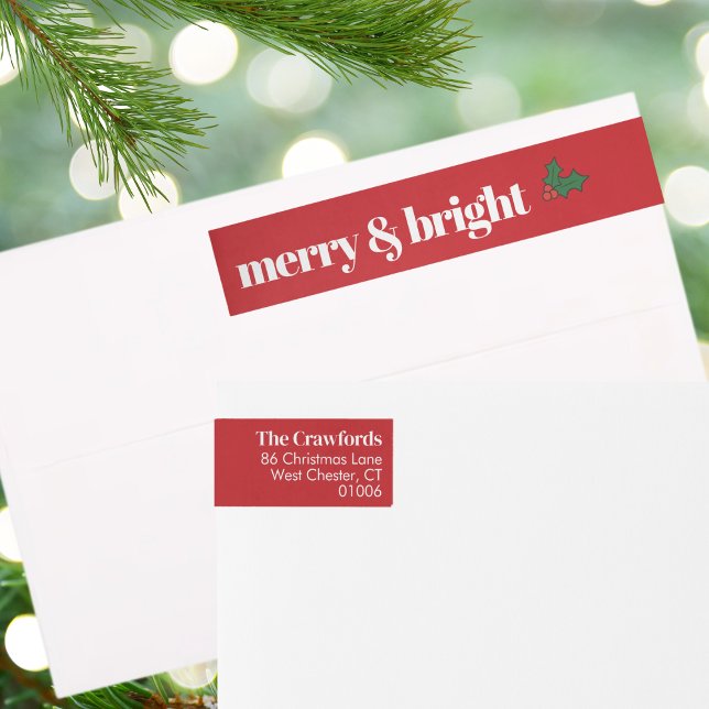 Merry & Bright | Red Christmas Return Address Wrap Around Label (Creator Uploaded)
