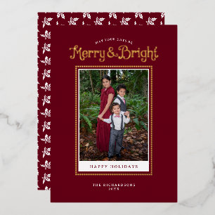 Merry Bright Red Elegant Photo Gold Foil Holiday Card