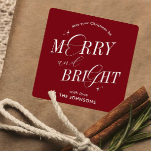 Merry & Bright Red Elegant Script Modern Christmas Square Sticker