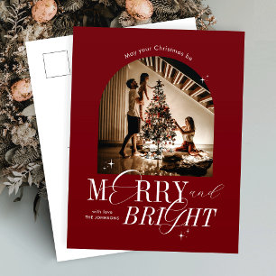Merry & Bright Red Elegant Script Photo Christmas Holiday Postcard