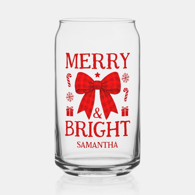 Merry & Bright Red Gingham Bow Christmas Can Glass (Front)
