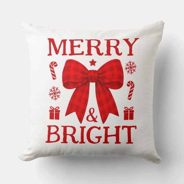 Merry & Bright Red Gingham Bow Christmas Cushion (Front)