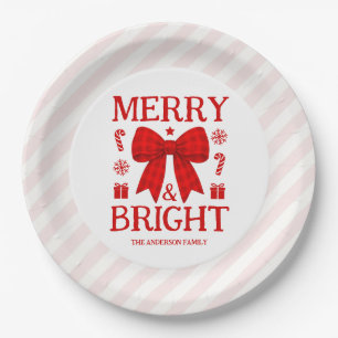Merry & Bright Red Gingham Bow Christmas Paper Plate