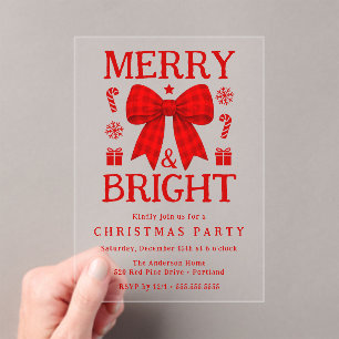 Merry & Bright Red Gingham Bow Christmas Party Acrylic Invitations