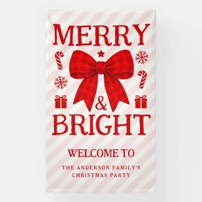 Merry & Bright Red Gingham Bow Christmas Welcome Banner (Vertical)