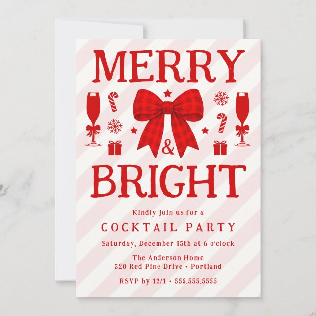 Merry & Bright Red Gingham Bow Cocktail Party Invitation (Front)