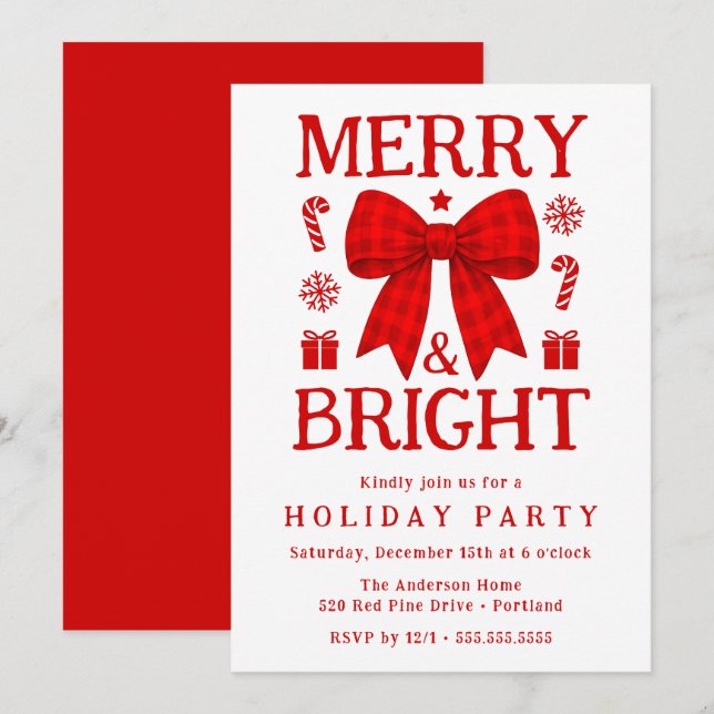 Merry & Bright Red Gingham Bow Holiday Party Invitation (Front/Back)