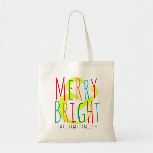 Merry & Bright Red Green Blue Typography Name Tote Bag (Front)