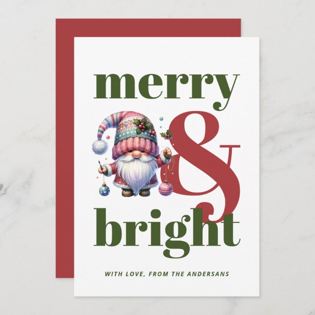 Merry & Bright Red Green Gnome Non-photo Christmas Holiday Card (Front/Back)