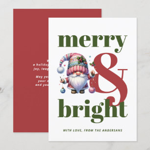 Merry & Bright Red Green Gnome Non-photo Christmas Holiday Card