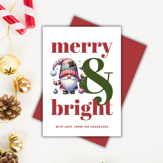 Merry & Bright Red Green Gnome Non-photo Christmas Holiday Card (Merry & Bright Red Green Gnome Non-photo Christmas Holiday Card)