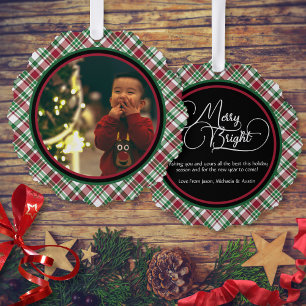 Merry & Bright Red & Green Plaid Holiday Photo Tree Decoration Card