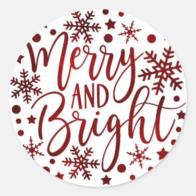 Merry & Bright Red Holiday Snowflakes Christmas Classic Round Sticker (Front)