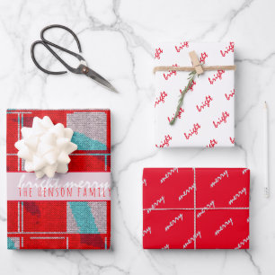 Merry Bright Red Knit Knitting Family Holiday Wrapping Paper Sheet