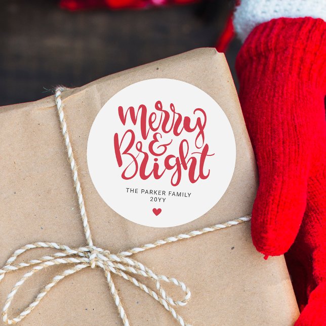 Merry & Bright Red Modern Minimal Holiday Classic Round Sticker (Creator Uploaded)