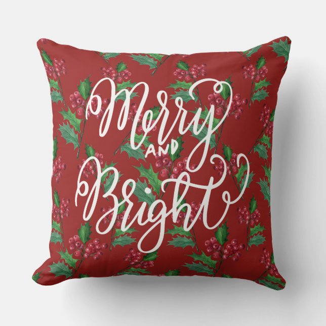 Merry Bright/Red Snowflake/Gold Christmas Pillow (Front)