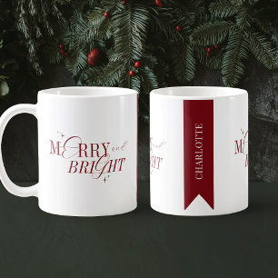 Merry & Bright Red & White Custom Name Christmas Coffee Mug