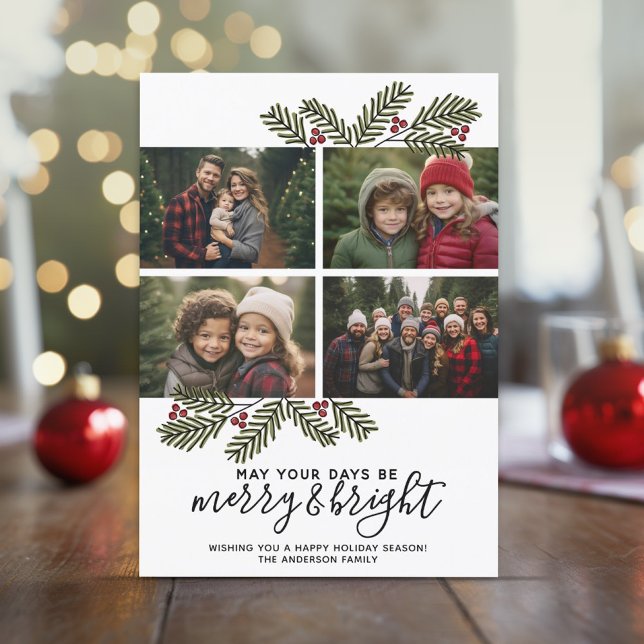 Merry Bright Retro 4 photo Christmas Pine Branches Holiday Card (4 Photo online Christmas Card with Whimsical Branches - Download Option Available)