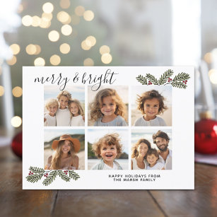 Merry Bright Retro 6 photo Christmas Pine Branches Holiday Card