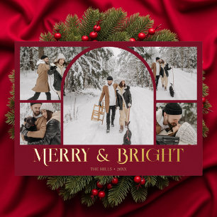Merry Bright Retro Arch Photo Collage Foil Holiday Card