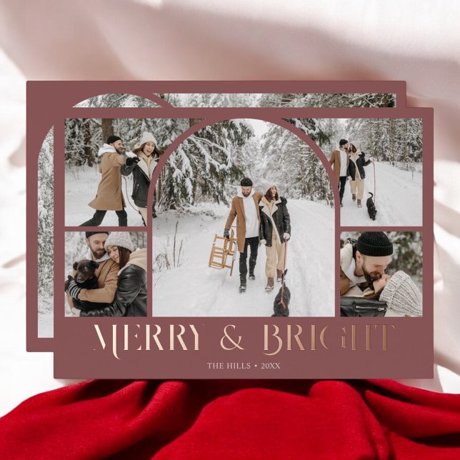 Merry Bright Retro Arch Photo Collage Foil Holiday Card (Creator Uploaded)