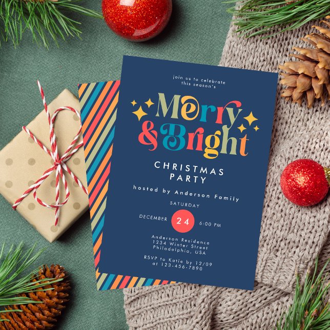 Merry & Bright Retro Colourful Dark Christmas Part Invitation (Creator Uploaded)