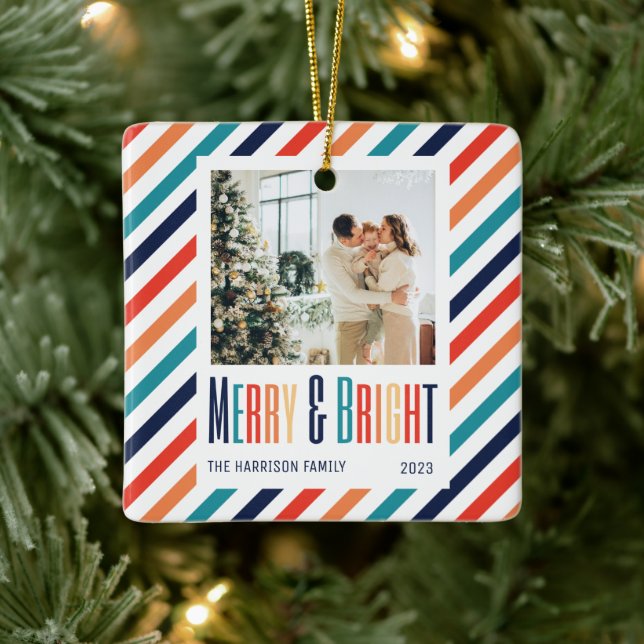 Merry & Bright Retro Colourful Stripes Photo  Ceramic Ornament (Tree)