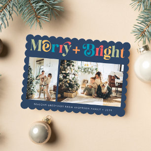 Merry & Bright Retro Colourful Two Photo Christmas Holiday Card