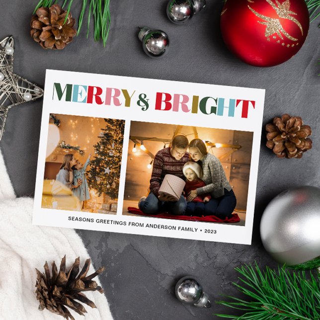 Merry & Bright Retro Colourful Two Photo Christmas Holiday Card (Creator Uploaded)