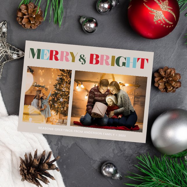 Merry & Bright Retro Colourful Two Photo Christmas Holiday Card (Creator Uploaded)