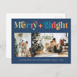 Merry & Bright Retro Colourful Two Photo Christmas Holiday Postcard