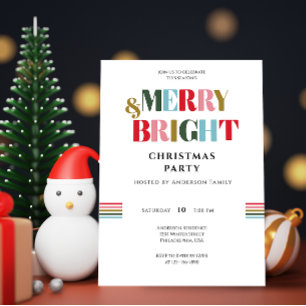 Merry & Bright Retro Colourful White ChristmasPart Invitation