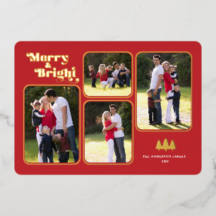 Merry & Bright Retro Gold Foil Photo Red Christmas Holiday Card