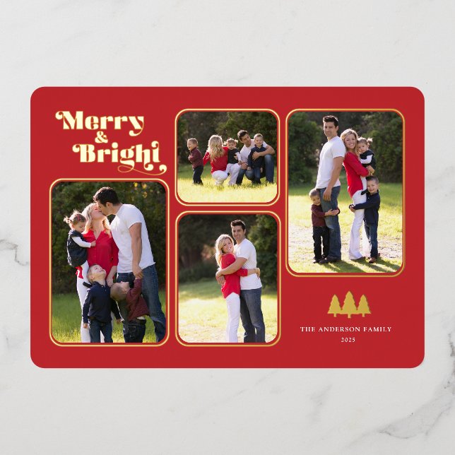 Merry & Bright Retro Gold Foil Photo Red Christmas Holiday Card (Front)