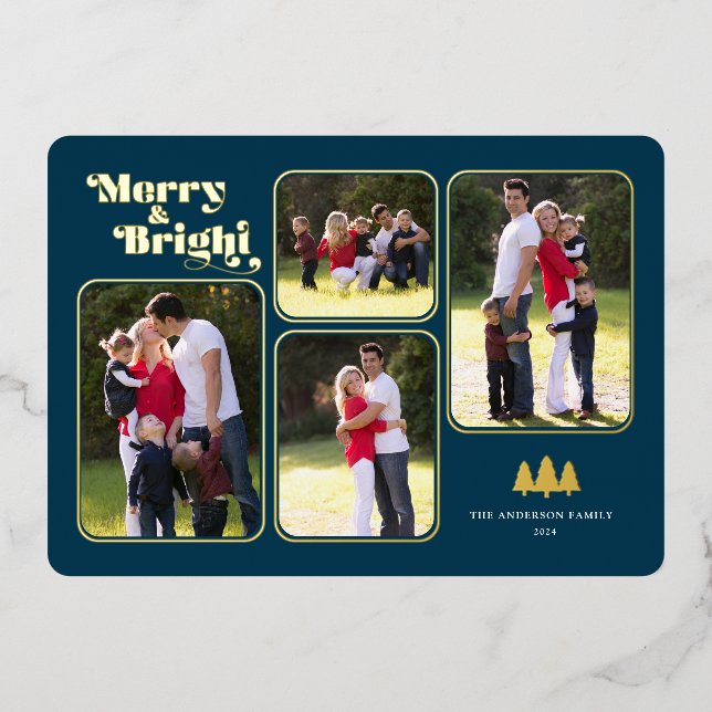 Merry & Bright Retro Photo Blue Christmas Gold Foil Holiday Card (Front)