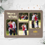 Merry & Bright Retro Photo Christmas Gold Foil Holiday Card<br><div class="desc">This Christmas card features the text "Merry & Bright" appearing in a fun gold foil retro font on a dark tan background.  The design offers 4 photo frames for you favorite pictures. Photography © Storytree Studios,  Stanford,  CA</div>