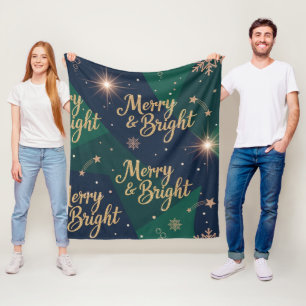 Merry & Bright Rose Gold Glitter Christmas Holiday Fleece Blanket