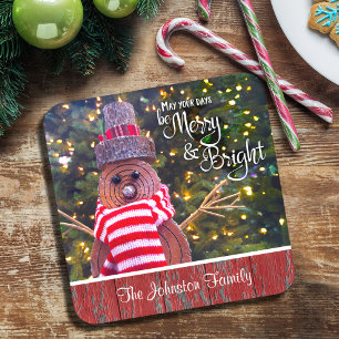 “Merry & Bright” Rustic Log Snowman Add Your Name Coaster