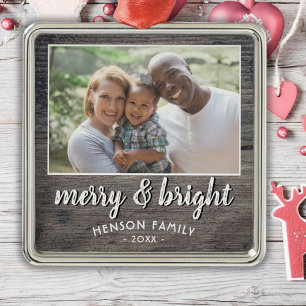 Merry & Bright Rustic Wood Family Photo Metal Ornament