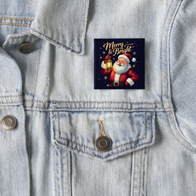 Merry Bright Santa Holding Lantern Illustration 15 Cm Square Badge (In Situ)